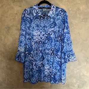 TanJay Paisley Floral Mesh Button Down Bell Sleeve Tunic Top